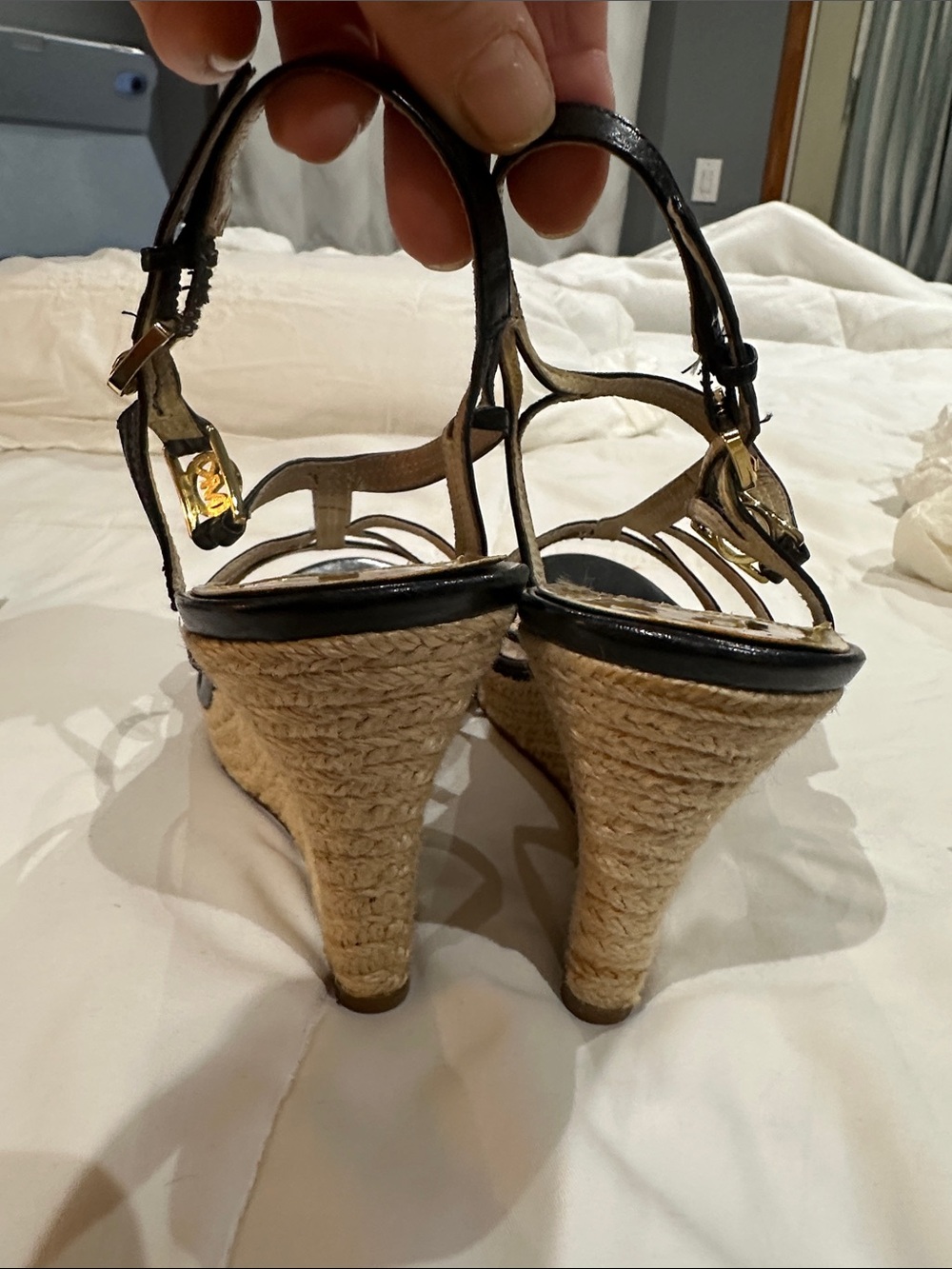Michael Kors Black Leather Espadrille Wedge Sandals with Gold Logo - Picture 4 of 4